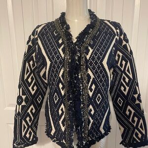 GLAMOROUS Navy & White Aztec Pattern Bead & Fringe Cardigan/Blazer, Sz S, Petite